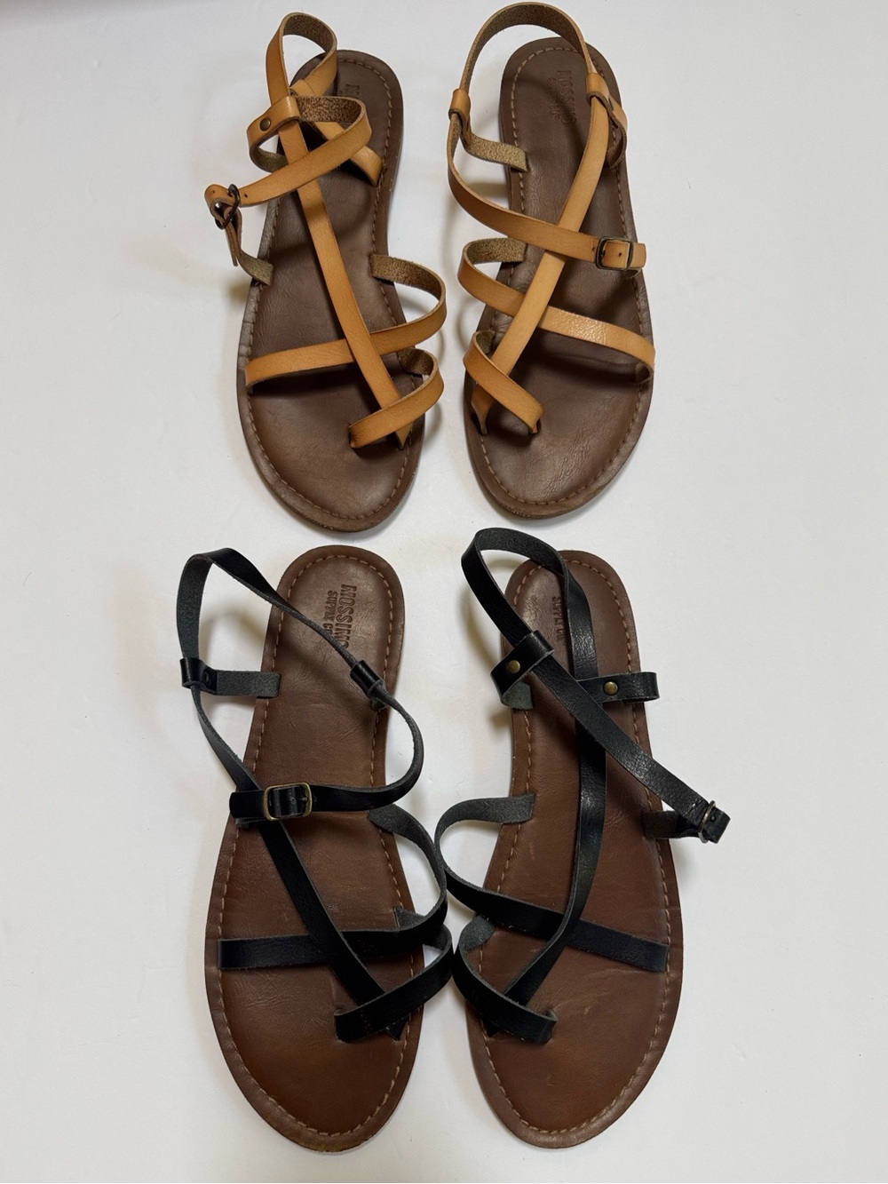 Mossimo 2 pair Strappy Jesus Sandals Gladiator Tan Black Flats shoes womens 8